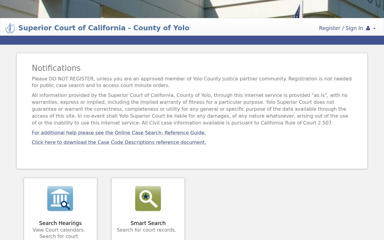 Woodland residents directory view of Yolo Superior Court public portal