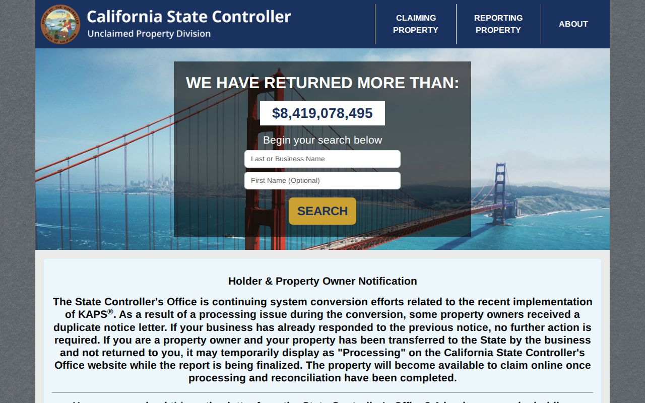Woodland resident lookup view of California unclaimed property search