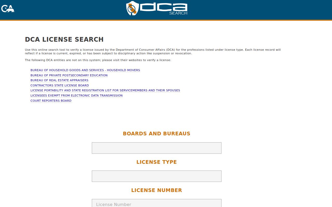 Woodland resident lookup view of California professional license search