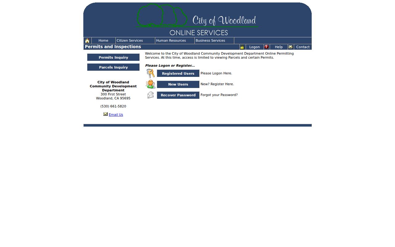 Woodland street directory view of Woodland permit inquiry